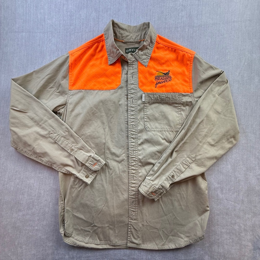 Orvis Pheasants Forever Shooting Shirt Mens Medium Tan Blaze Orange Hunting L/S
